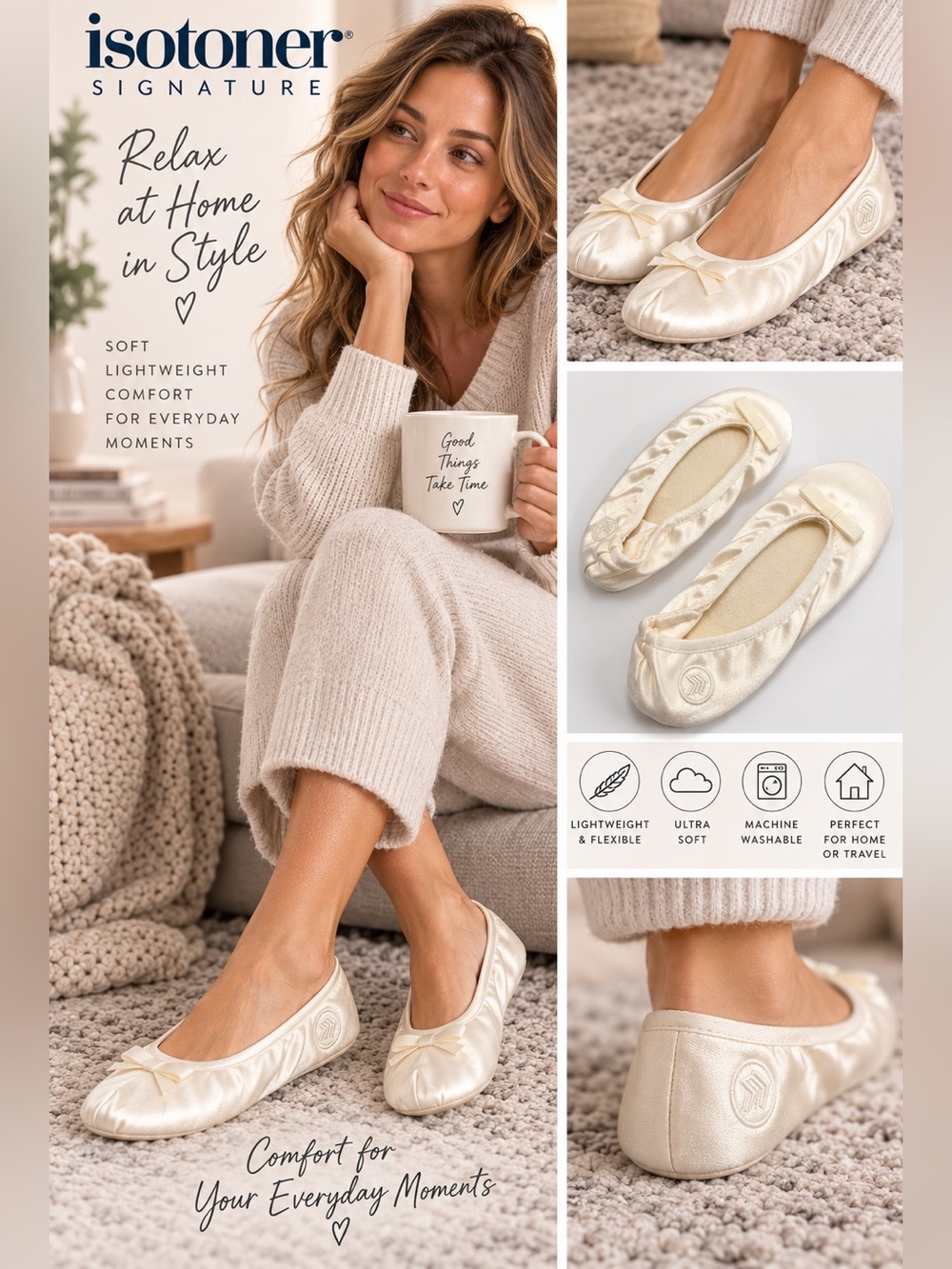 NWT Isotoner Signature Satin Ballerina Slippers Cream Ivory S 5-6